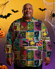 Big&Tall Men's Halloween Monsters Movie Nostalgic Anime Full Printing Long Sleeve Shirt