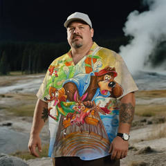 Men's Nostalgic Anime Fantasy Jungle Wild Characters Printing Short Sleeve Shirt