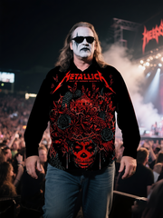 Big&Tall Men's Red Skull Rose Rock Music Full Printing Long Sleeve Shirt