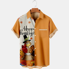 Thansgiving Beauful Turkey Printed Casual Men's Plus Size Short Sleeve Shirt