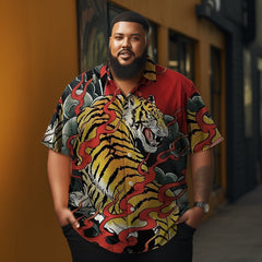 Tiger Graphic Prints Turndown Red Printed Casual Men's Plus Size Short Sleeve Shirt