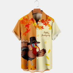 Thansgiving Turkey Maple Leaf Printed Casual Men's Plus Size Short Sleeve Shirt