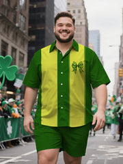 Men's Generous Fit Minimalist Green Pattern Short Sleeve Shirt and Shorts