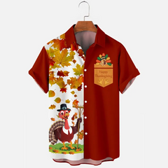 Thansgiving Happy Turkey Maple Leaf Casual Men's Plus Size Short Sleeve Shirt