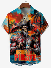 Comfortable Hawaiian Pirate Skull Muscle Printed Men's Plus Size Short Sleeve Shirt