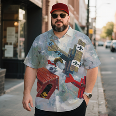 Men's Nostalgic Anime Airplane Dog Costume Printing Short Sleeve Shirt