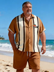 Big & Tall Tropical Beach Print Bowling Short Sleeve Shirt with Chest Pocket