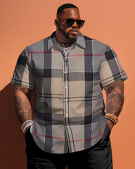 Men's Plus Size Classic Khaki Plaid Short Sleeve Shirt Shorts Set
