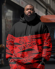 Plus Size Men's Red Strap Warning Sweatershir Two-Piece Set