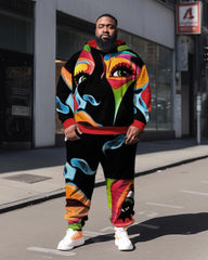 Plus Size Men's Abstract Face Art Sweatershir Two-Piece Set