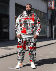 Plus Size Men's Art Abstract Lines Sweatershir Two-Piece Set