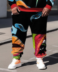 Plus Size Men's Abstract Face Art Sweatershir Two-Piece Set
