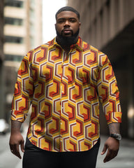 Men's Plus Size Retro Ethnic Geometry Long Sleeve Lapel Long Sleeve Shirt