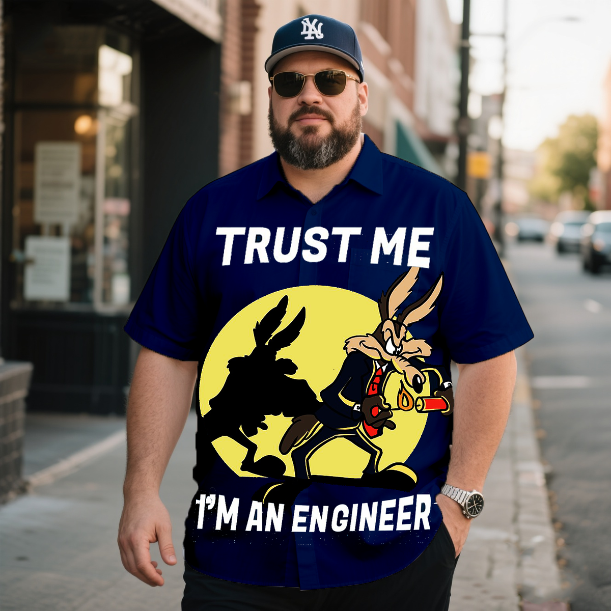 Men's Casual Nostalgic Anime Engineer Costume Printing Short Sleeve Shirt