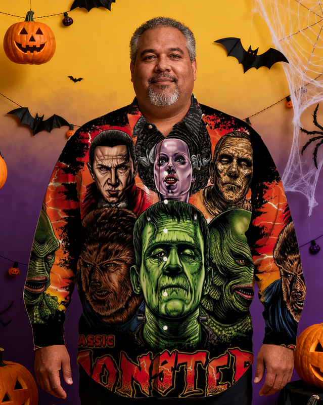 Men's Halloween The Monsters Nostalgic Anime Full Printing Long Sleeve Shirt