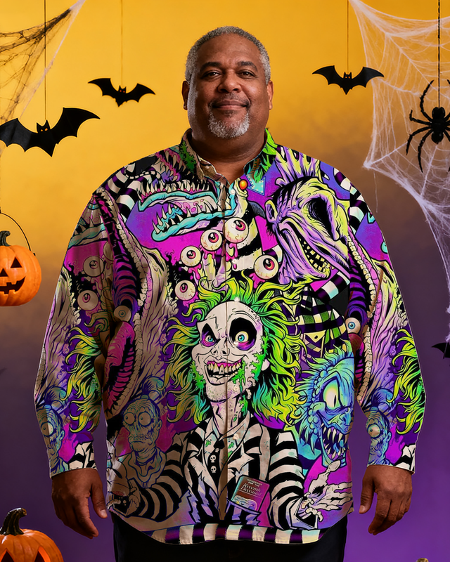 Big&Tall Men's Halloween Movie Nostalgic Anime Full Printing Long Sleeve Shirt