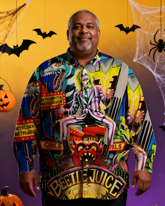 Big&Tall Men's Halloween Scary Movie Nostalgic Anime Full Printing Long Sleeve Shirt