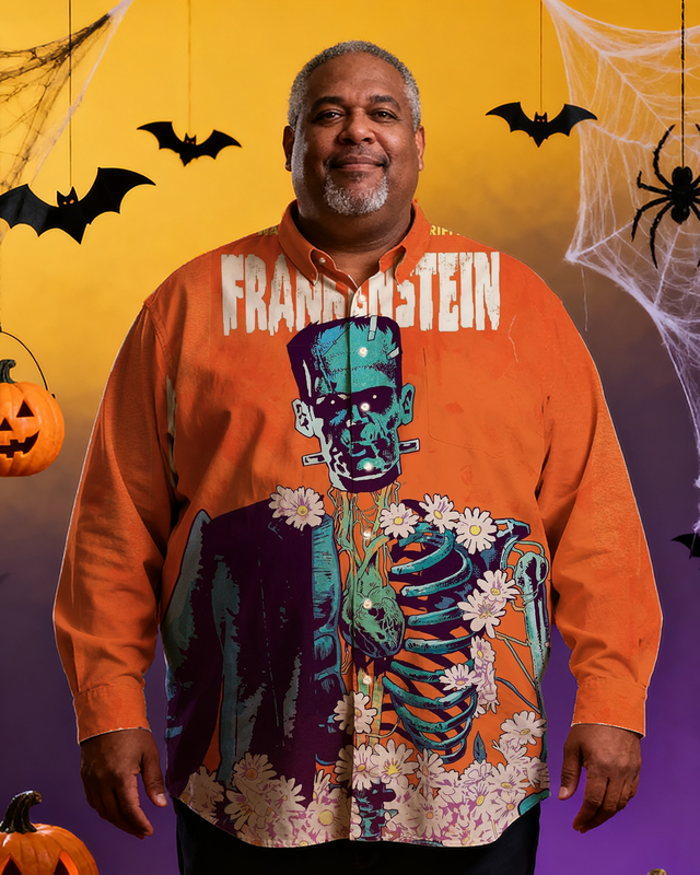 Big&Tall Men's Halloween Monsters Movie Full Printing Long Sleeve Shirt