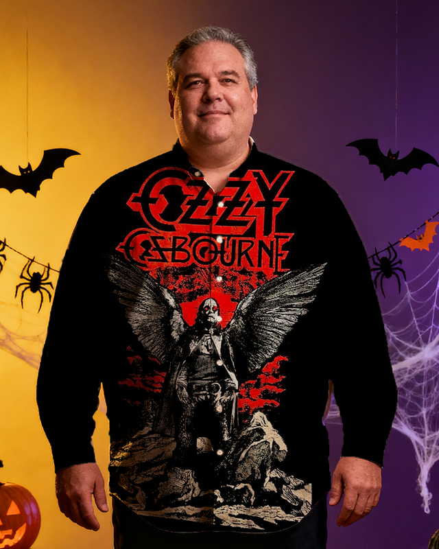 Big&Tall Men's Halloween Metal Music Full Printing Long Sleeve Shirt