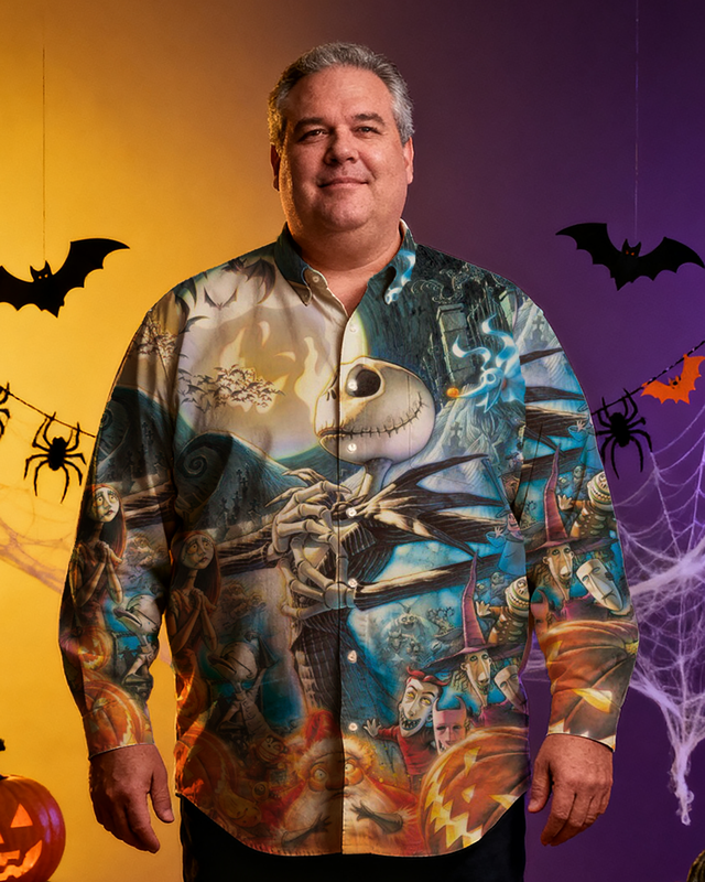 Big&Tall Men's Retro Halloween Scary Movie Full Printing Long Sleeve Shirt