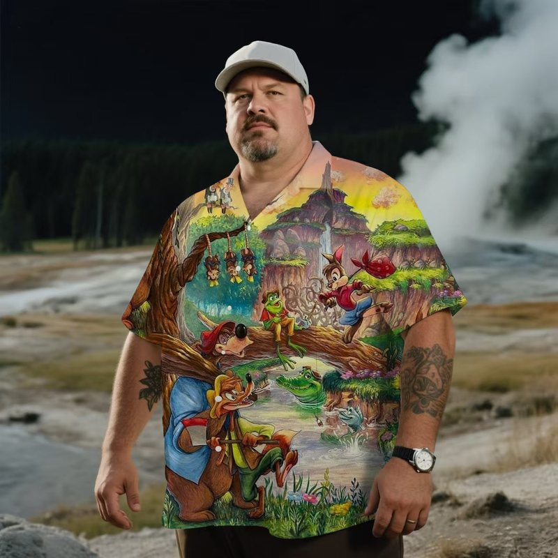 Men's Nostalgic Anime Vibrant Wild Forest Printing Short Sleeve Shirt