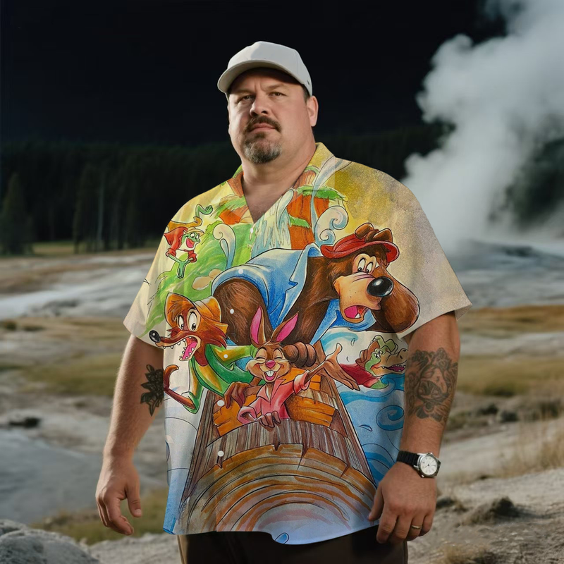 Men's Nostalgic Anime Fantasy Jungle Wild Characters Printing Short Sleeve Shirt