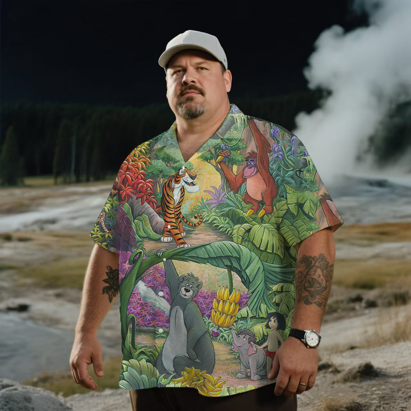 Men's Nostalgic Anime Retro Jungle Wild Characters Printing Short Sleeve Shirt