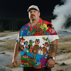 Men's Nostalgic Anime Retro Color Block Printing Short Sleeve Shirt