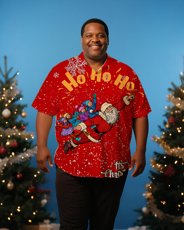 Men's Christmas Santa Fly Snowflake Full Printing Short Sleeve Shirt