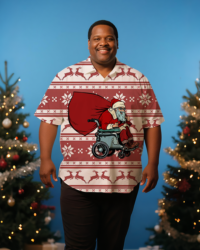 Men's Vintage Christmas Santa Wheelchair Full Printing Short Sleeve Shirt