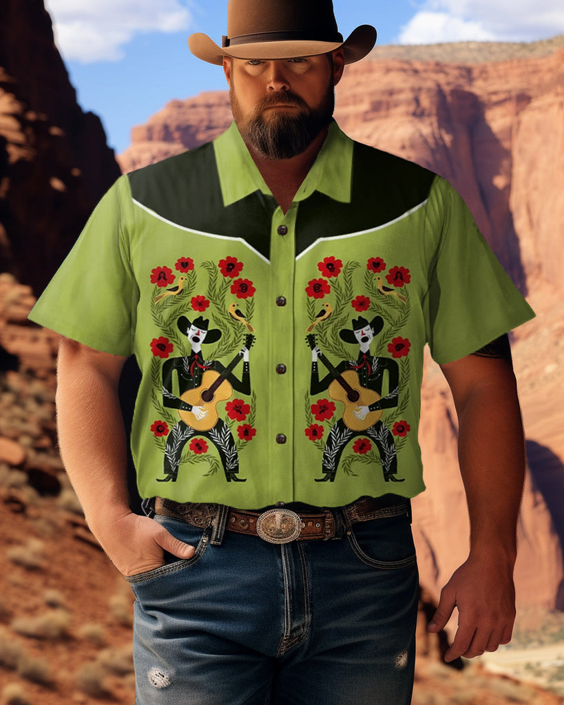 Men's Cowboy Playing Guitar Printed Plus Size Short Sleeve Shirt