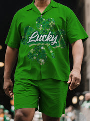 Large Size Men's Refined St. Patrick's Day Pattern Short Sleeve Shirt and Shorts