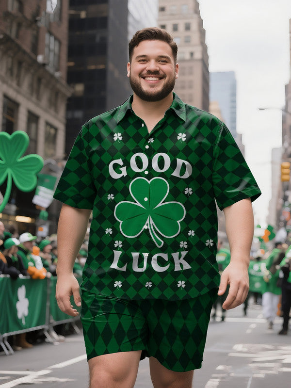 Men's Plus-Size Minimalist St. Patrick's Day Casual Short Sleeve Shirt and Shorts