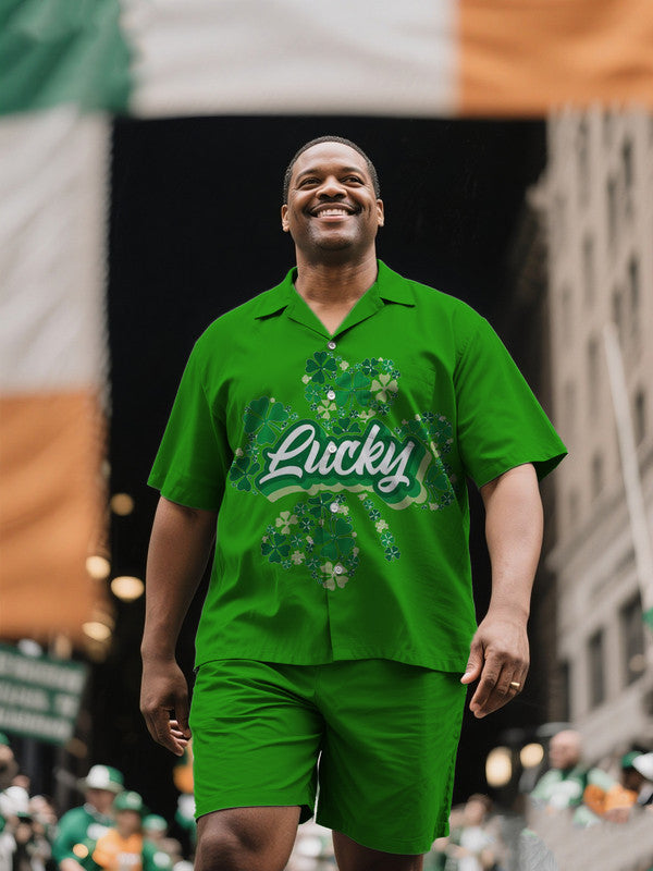 Large Size Men's Refined St. Patrick's Day Pattern Short Sleeve Shirt and Shorts