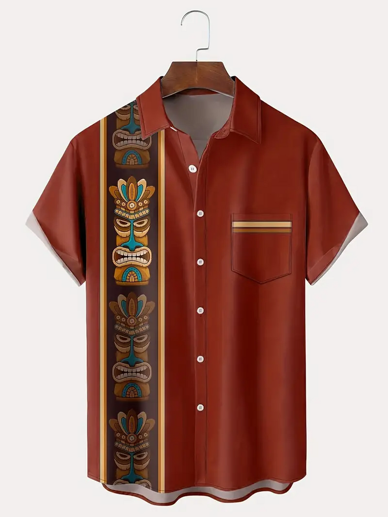 Retro Tiki Bowling Printed  Casual Men's Plus Size Short Sleeve Shirt