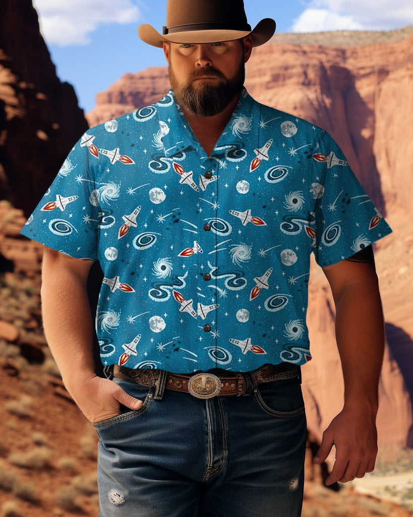 Men's 1950s Interstellar Atomic Print Plus Size Short Sleeve Shirt