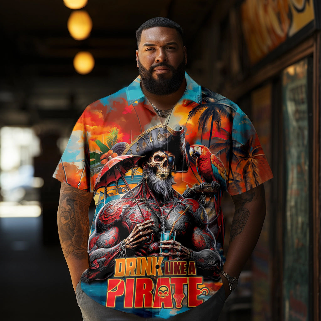 Comfortable Hawaiian Pirate Skull Muscle Printed Men's Plus Size  Short Sleeve Shirt