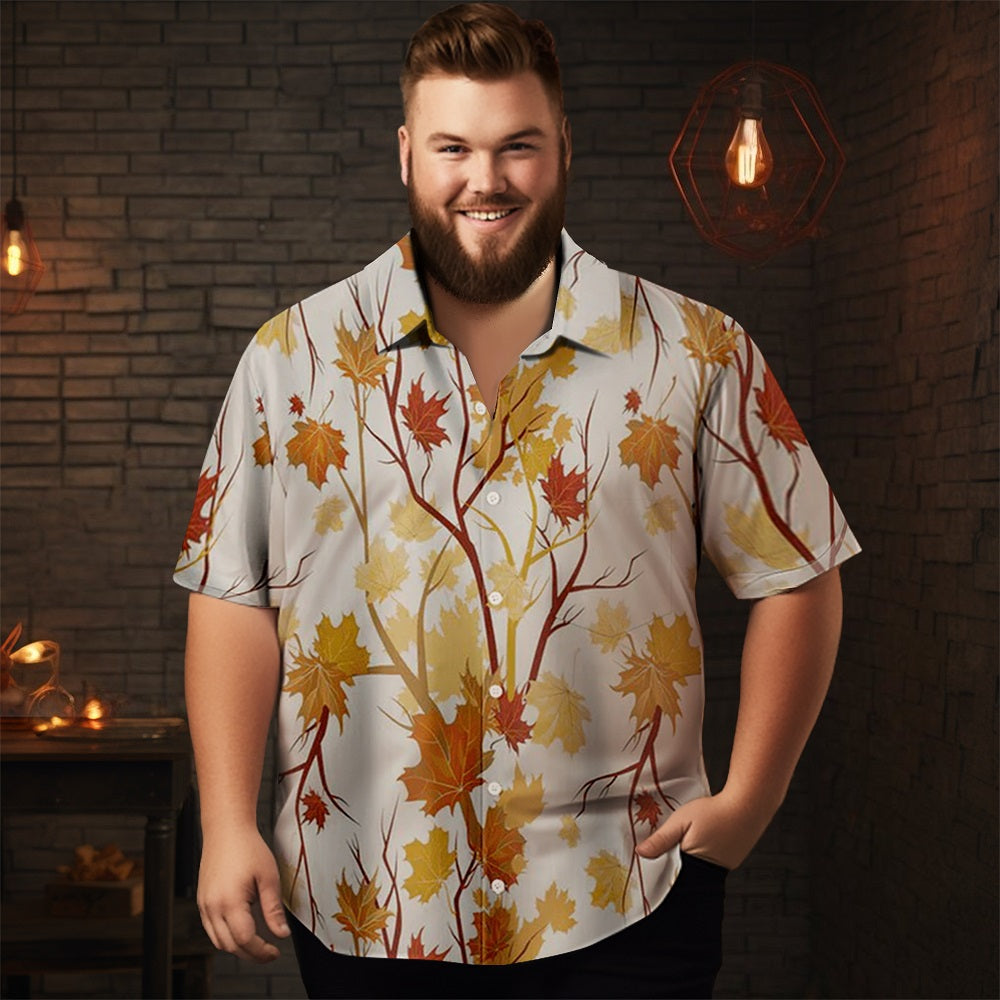 Men's Thanksgiving Maple Leaf Print Casual Short Sleeve Plus Size Shirt