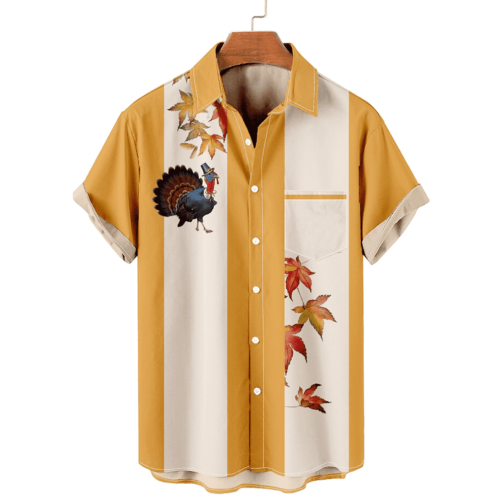 Men's Thanksgiving Turkey Printed Casual Short Sleeve Plus Size Shirt