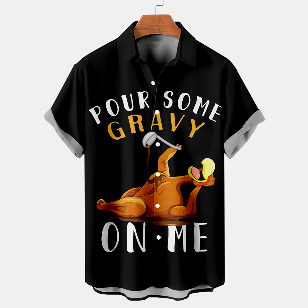 Men's Thanksgiving Fun Turkey POUR SOME GRAVY ON ME Printed Casual Short Sleeve Plus Size Shirt