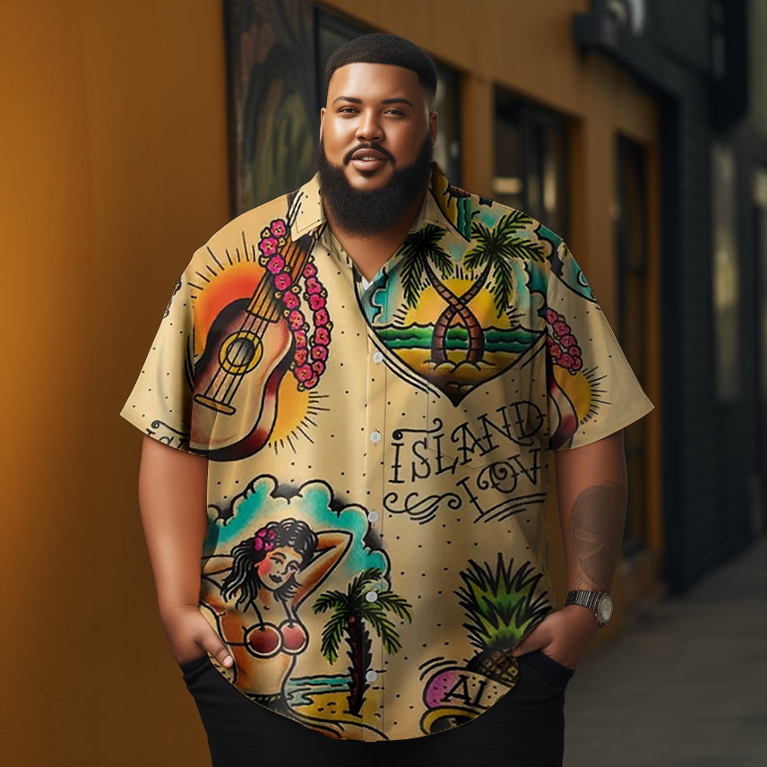 Guitar Coconut Tree Pineapple Printed  Casual Men's Plus Size Short Sleeve Shirt