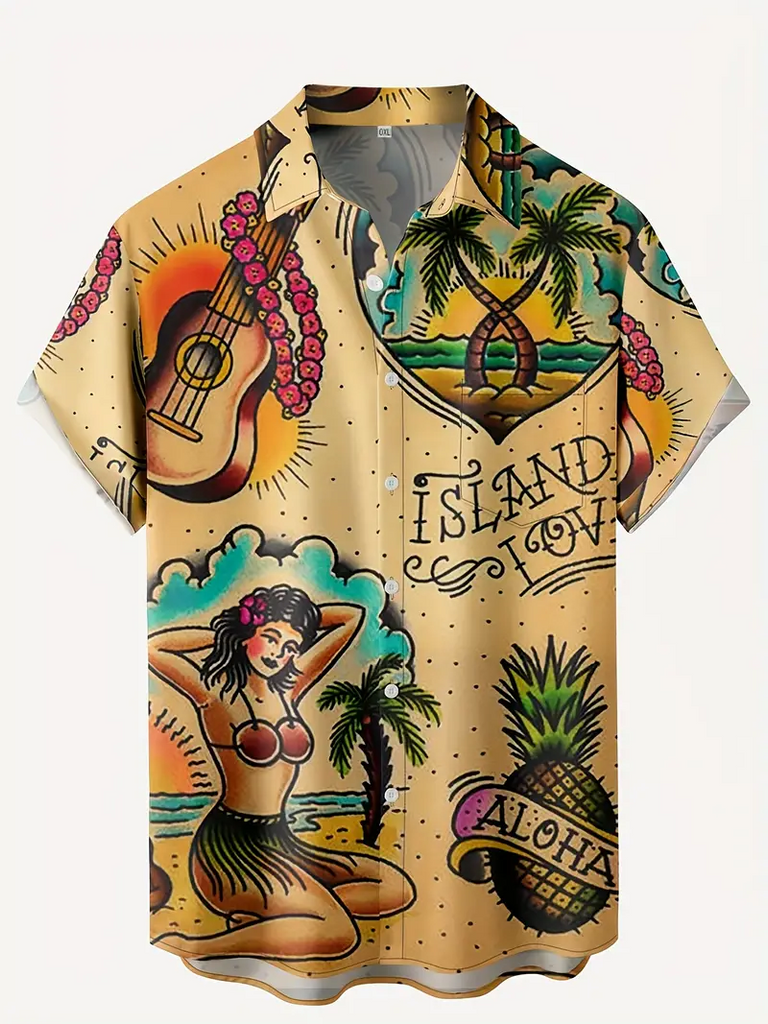 Guitar Coconut Tree Pineapple Printed  Casual Men's Plus Size Short Sleeve Shirt