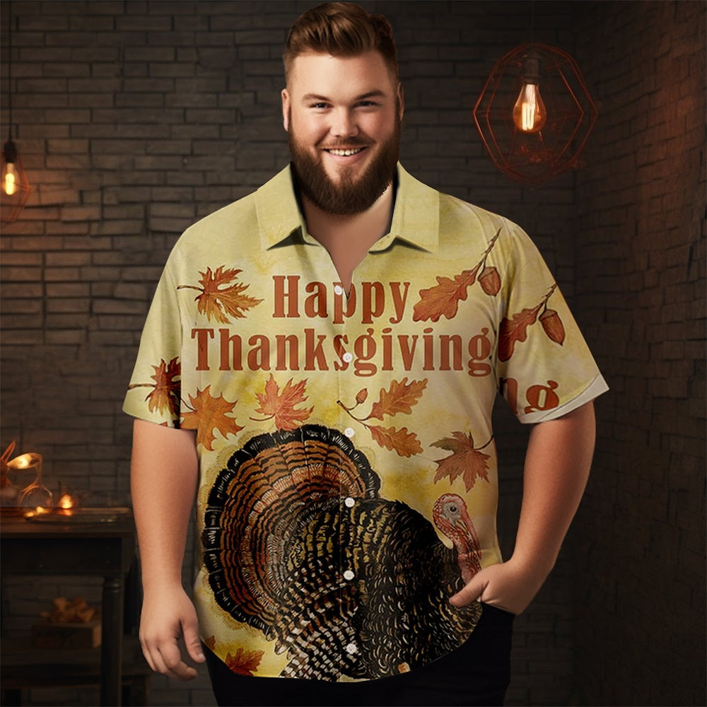 Men's Thanksgiving Turkey Printed Casual Short Sleeve Plus Size Shirt