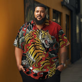 Tiger Graphic Prints Turndown Red  Printed  Casual Men's Plus Size Short Sleeve Shirt