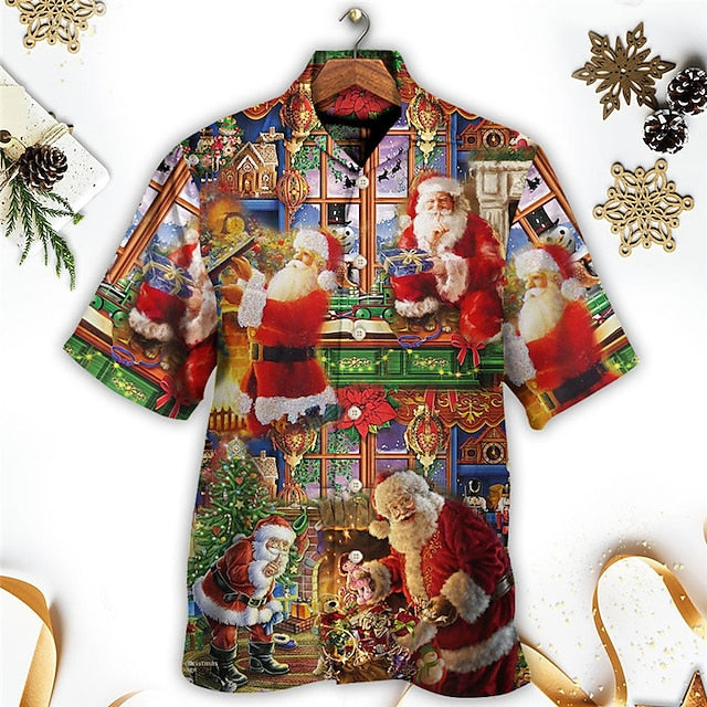 Men's  Christmas busy santa claus printed  Plus Size Short Sleeve Shirt