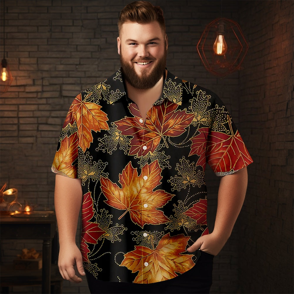 Men's Thanksgiving Maple Leaf Print Casual Short Sleeve Plus Size Shirt