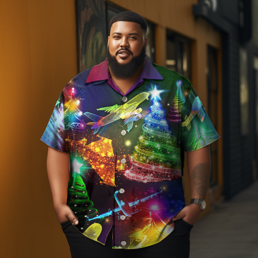 Men's glowing christmas tree  printed  Plus Size Short Sleeve Shirt