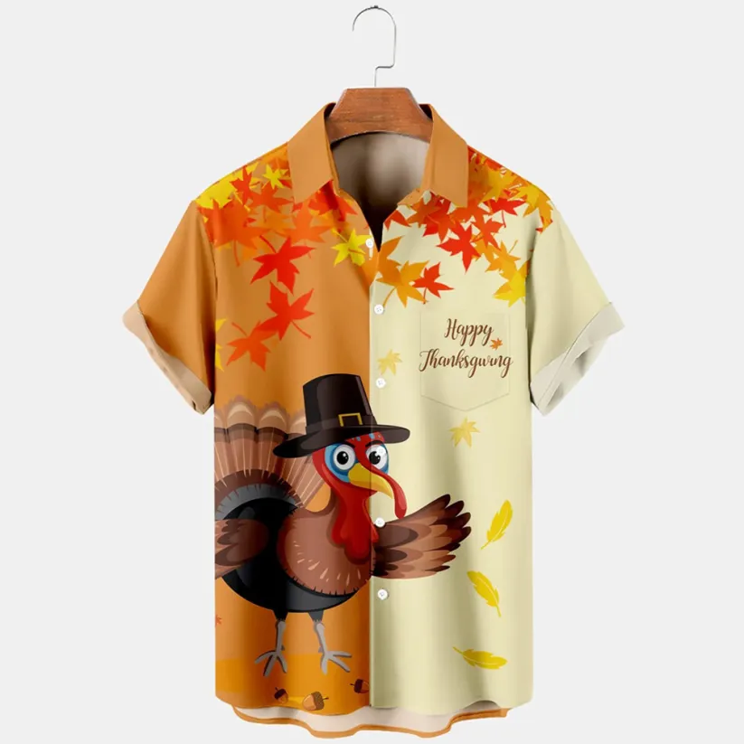 Thansgiving  Turkey  Maple Leaf  Printed  Casual Men's Plus Size Short Sleeve Shirt