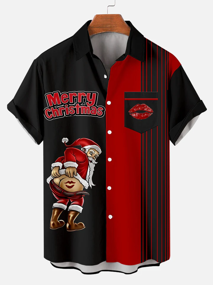 Men's Christmas Santa Claus strips printed  Plus Size Short Sleeve Shirt