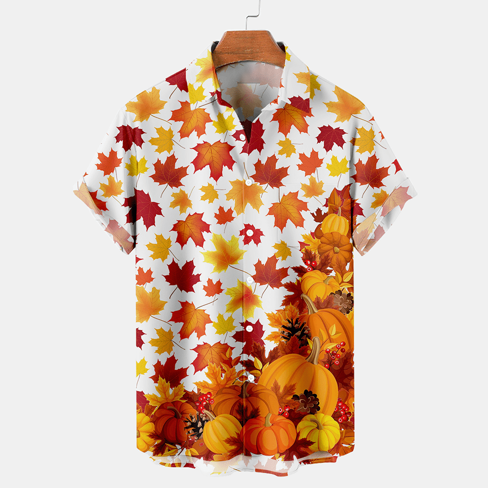 Men's Thanksgiving Maple Leaf Printed Casual Short Sleeve Plus Size Shirt